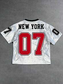 Men's Casual Summer College Style Varsity Jacket With Numeric Print, V-Neck Minimalist Short Sleeve T-Shirt - Silver - View 3