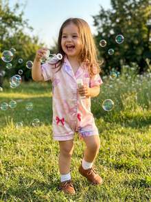 Satin Footless Pajamas Fashionable Strawberry Printed Short Sleeve Button Down Romper - 淺粉色 - 查看 4