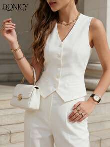DONICY 白色V领马甲，女士无袖西装马甲，时尚修身翻盖口袋马甲，时尚办公上衣 - 白色 - 查看 9