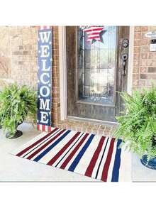 1pcs 4th Of July Patriotic Flannel Floor- Blue, White, And Red Striped Stars And Stripes Design, Durable Rustic Style Porch Decoration, Independence Day Summer Entryway Decoration, Easy To Clean - 紅白色 - 查看 6