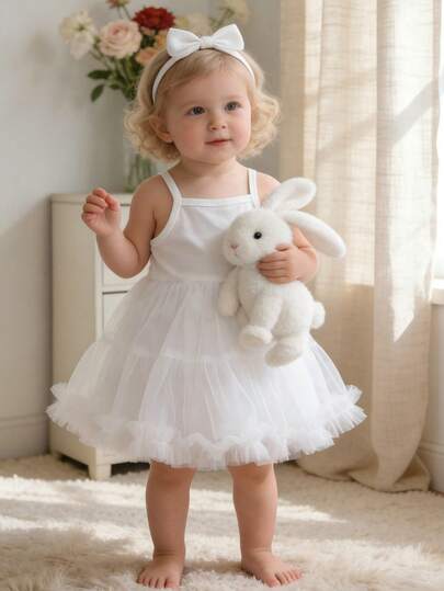 Đầm dạ hội mùa hè mới cho bé gái màu trắng, dây mảnh, xếp lớp bằng vải voan lưới, kiểu dáng tối giản, màu trơn, chất liệu nhẹ, thoáng khí, phù hợp cho mặc hàng ngày, dự tiệc, sinh nhật, kỳ nghỉ, tạo không khí mộng mơ.
