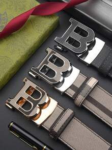 High-End Men's Zinc Alloy Letter Automatic Buckle Leather Belt, Casual Versatile Minimalist Trouser Belt, Random Pattern (Storage Box Not Included) - Multicolor - View 4