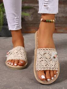 2026 Floral Decor Open Toe Flat Soft Bottom Slide Sandals, All Season - Beige - View 5