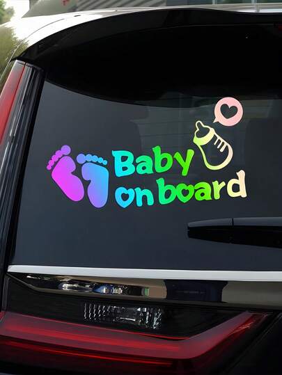 1pc Cute Cartoon Baby Car Reflective Sticker, Baby On Board Safety Decoration Rear Window Sticker
