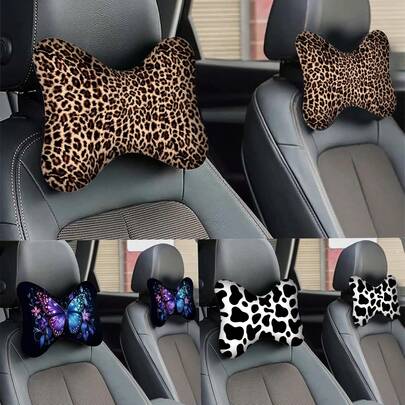 2pcs Leopard Print Car Headrest, Comfortable Soft Car Seat Neck Pillow