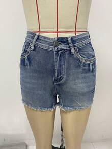 2026 Women's Vintage Bullhead Embroidered Slim-Fit Burr- Denim Shorts - Blue - View 2