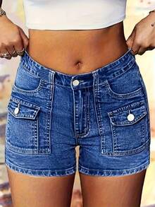 [Stretch Denim Shorts] 1pc Women's Stretch Denim Shorts - Multiple Cargo Pockets & Built-In Zipper, Mid-Stretch Machine-Washable, Casual Athletic Shorts For Spring/Summer, Solid Color Regular Fit, Elegant Design, Gym Shorts, Casual Attire, Durable Fabric, Spring Fashion, MidStretch Material, Fitness Enthusiasts - 寶藍色 - 查看 8