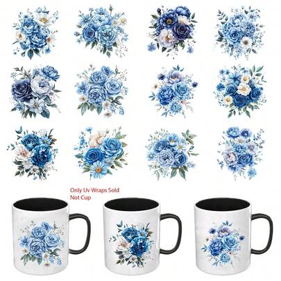 Bộ 12 miếng dán chuyển nhiệt UV hình bó hoa hồng xanh, thích hợp trang trí đồ nội thất, tủ lạnh, tủ đựng đồ, sổ lưu niệm và cửa sổ, kích thước 24x19cm, dùng được cho cốc, chai, máy tính xách tay - hiệu ứng mờ, PVC, chống thấm nước, quà tặng hoa cưới lý tưởng cho các dự án thủ công và trang trí.