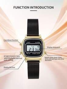 Reloj digital cuadrado dorado para mujer, con correa de malla de acero inoxidable negro, reloj electrónico retro lindo con luz para la escuela y uso diario - mirar - Ver 6