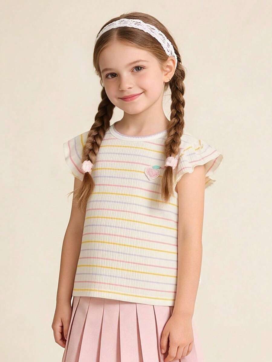 Balabala 女童短袖T恤，2025夏季新款条纹T恤，甜美荷叶边袖