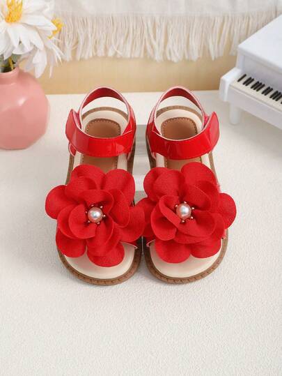 1 Pair Red Children's Flat Sandals With Flower & Pearl Decor, Hook And Loop Closure, Suitable For Daily Wear, Festivals, Weddings, Birthday Parties And Other Occasions
