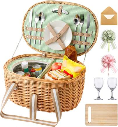 Large Wicker Picnic Basket Insulated, Handwoven Vintage Willow Picnic Set, 2 Partitions, 8.4 Gal, Portable Camping, Outdoor, Couples Wedding Gifts, Date, Natural