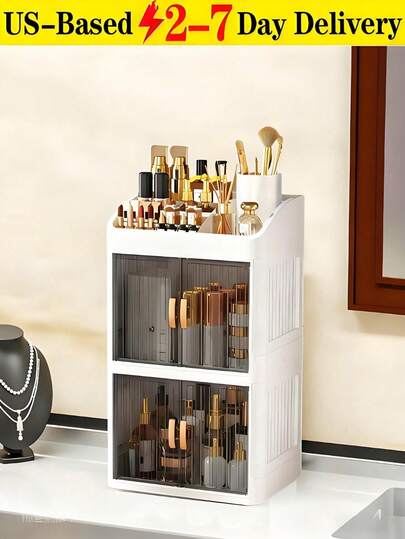 [Delivery Within 2-7 Days In The United States] Makeup Storage Box, Acrylic Foldable Sliding Door Design, Transparent Lid Cosmetic Display Cabinet, Large Capacity Skincare & Beauty Organizer, Ideal Gift For Women, Suitable For Bedroom And Bathroom Vanity, Stores Lipsticks, Brushes, Nail Polish, Perfect For Beach Vacations, Bathroom Organization, Bedroom Storage, Large Capacity, Foldable Double-Door Crown Storage Box With Multi-Tier Stationery Rack For Home Cosmetics And Skincare Organization. Desktop Storage Cabinet For Vanity Clutter, Multi-Tier Double-Door Dustproof Office Desk Storage Box.