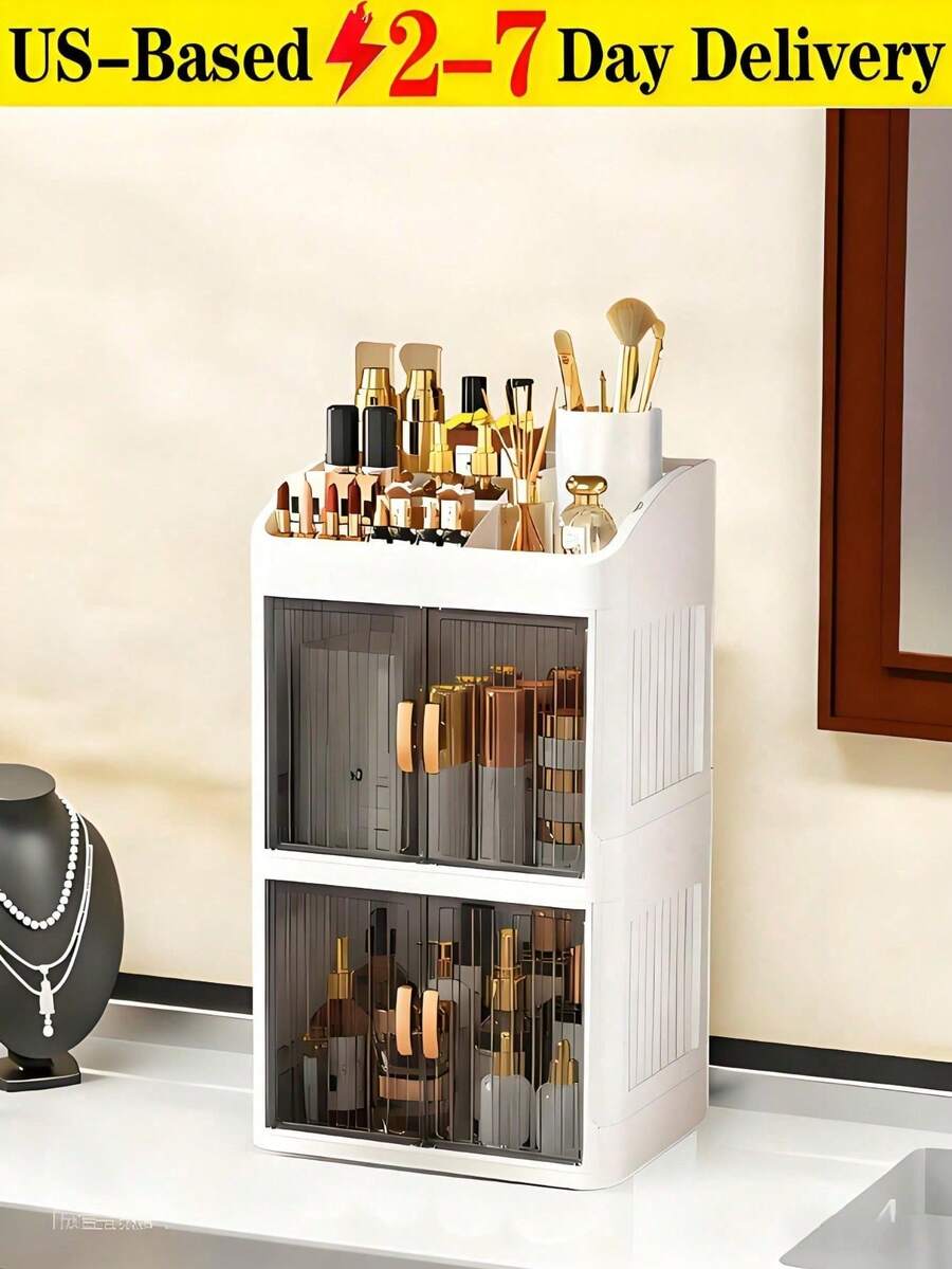 Makeup Storage Box, Acrylic Foldable Sliding Door Design, Transparent Lid Cosmetic Display Cabinet, Large Capacity Skincare & Beauty Organizer, Ideal Gift For Women, Suitable For Bedroom And Bathroom Vanity, Stores Lipsticks, Brushes, Nail Polish, - Multicolor - View 1