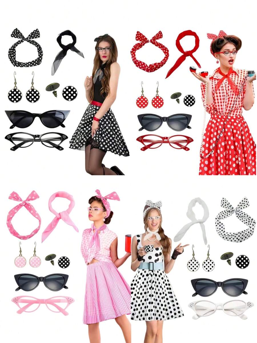 8件套1950年代复古女士服装配饰：复古派对猫眼眼镜、波点发箍、耳环、耳钉套装，适合主题派对和万圣节角色扮演，优雅装扮，情人节必备眼镜，女士婚礼角色扮演配饰，L码配饰，女士头巾配饰 - 彩色 - 查看 1