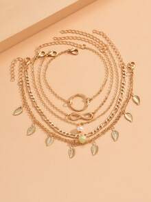 5pcs/Set Gold Infinity Symbol & Leaf Pendant Beach Style Anklet, Versatile For Daily Wear And Vacation - Gold - View 2