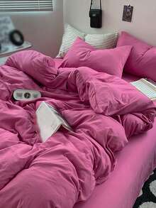 Bộ 3 món ga trải giường bằng polyester mềm mại, phối màu xanh dương và trắng. - Màu Hồng Tươi - Xem 3