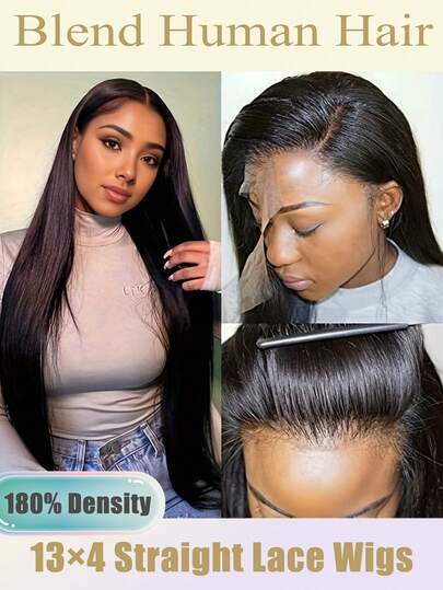 13x4 Transparent Straight Lace Front Wig, Natural Color, 6-36 Inches, Long Straight Hair, Mixed Human Hair, Suitable For Women's Everyday Wear And Cosplay, Natural Appearance, 180% Density, Elastic Mesh Cap, Pre-Plucked Lace Front, Suitable For All Women's Versatile Styles, Natural Black Long Straight Hair Wig (6-16 Inches Bob Wig)