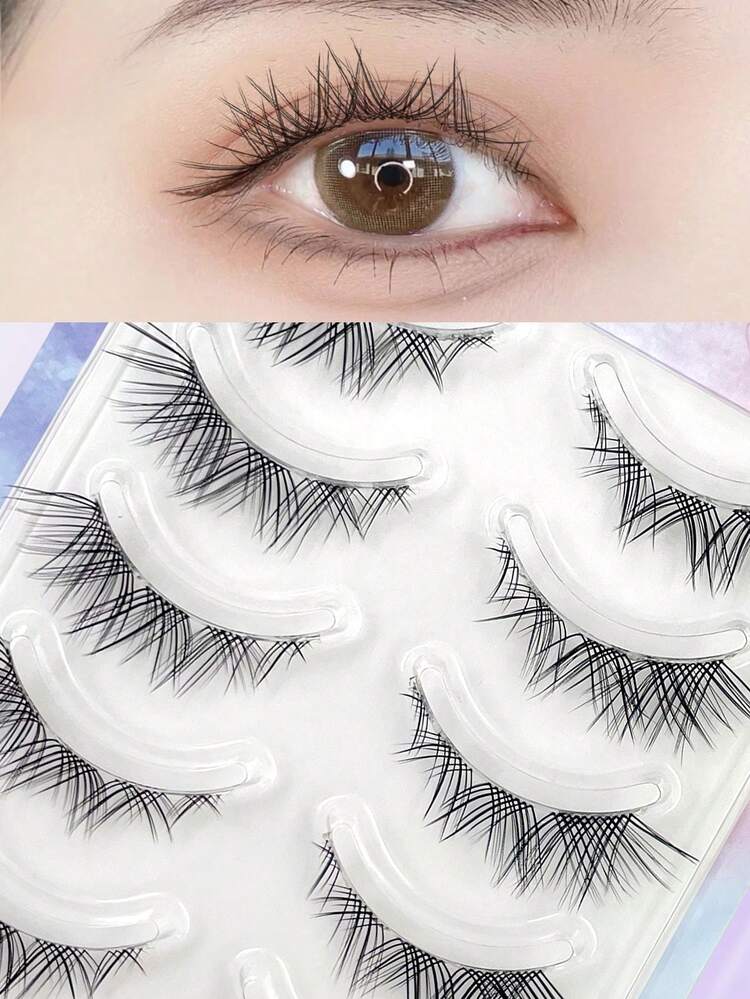 ENCHUW 5对自然妆效假睫毛，蓬松柔软，交叉美睫，纤细自然，睫毛嫁接，假睫毛，睫毛，假睫毛 - 黑色 - 查看 6