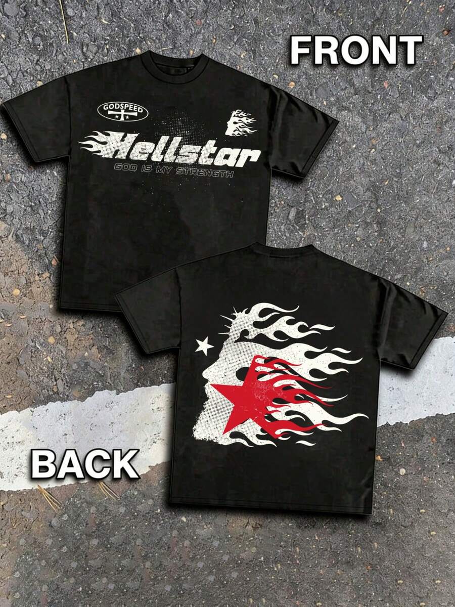 Hellstars God Is My Strength Flame Silhouette Retro T-Shirt Double Sided Printed (220g 100% Cotton T-Shirt), Summer Clothes, Men's Tops, Casual And Comfortable, Fashionable Graphic Tee, Unisex Style - Black - View 1