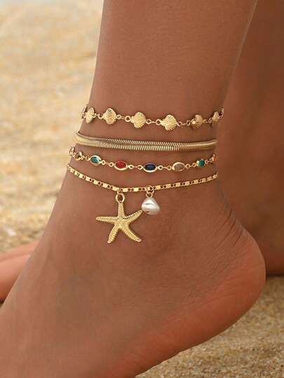 4件套夏季沙滩风金色合金贝壳脚链，时尚海星吊坠搭配彩色水晶珠，适合日常佩戴和海滩度假，水晶颜色随机。