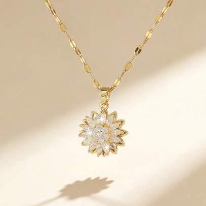 1 pieza Exquisito collar giratorio antiestrés, collar de acero inoxidable con diseño de cristal de girasol, adecuado para uso diario de mujeres y regalo del Día de San Valentín