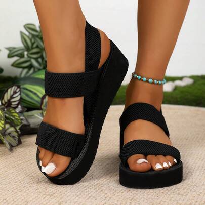 A Pair Of Women's Platform Sandals, Summer Elastic Band Platform Slides, Stylish Outdoor Shoes And Daily Beach Sandals