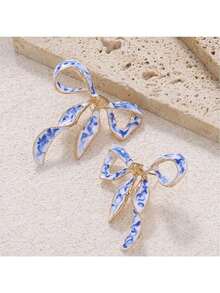 Bộ 2 chiếc bông tai hình nơ bằng sứ men màu xanh trắng kiểu tranh sơn dầu cổ điển, bông tai ruy băng tráng men thời trang dành cho nữ. - Nhiều màu - Xem 3