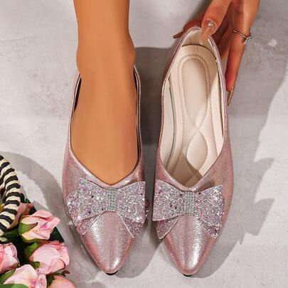 水钻蝴蝶结尖头平底鞋，软底舒适妈妈鞋，适合通勤、约会、伴娘等场合，仙气十足的设计
