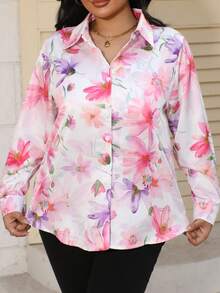 Vibrant Floral Print Casual Long Sleeve Shirt, All-Over Flower & Leaf Pattern, Homewear - Pink - View 6