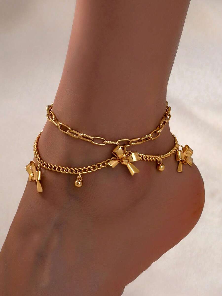 1 pieza Tobillera de doble capa con lazo, bola dorada y borla, diseño bohemio de resort de playa, joyería de regalo para mujer para fiestas/vacaciones - Amarillo Oro - Ver 1