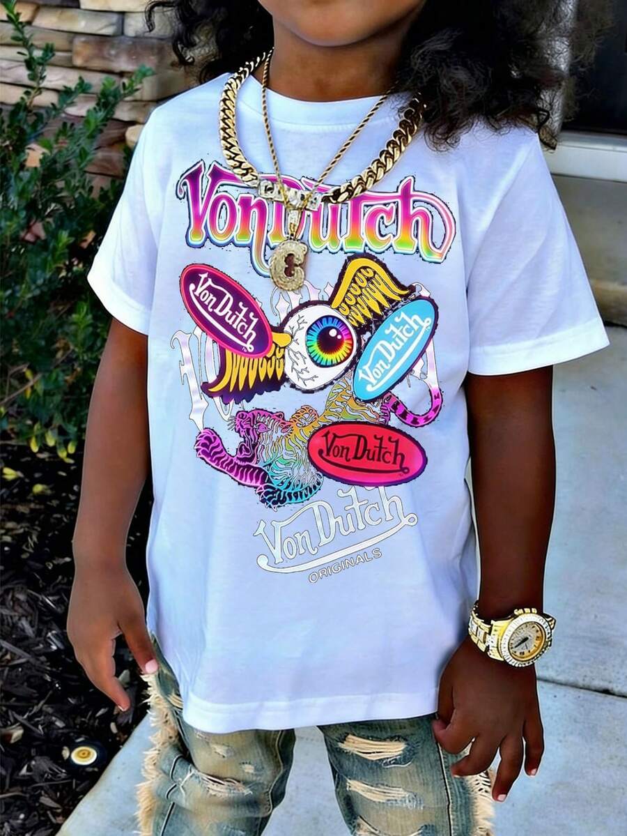 Summer Kids' Short-Sleeve T-Shirt - Gradient Rainbow Wings, Eyeball, And Tiger Print - Unisex Streetwear Tee For Boys And Girls - 白色 - 查看 1