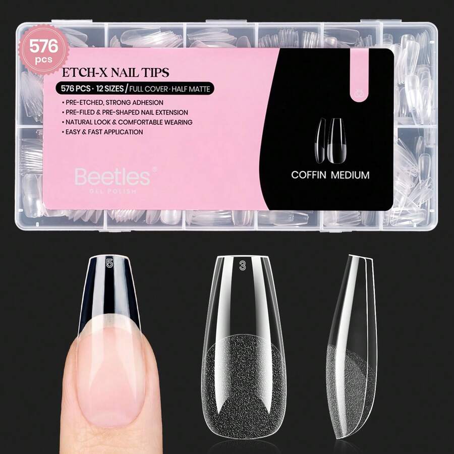 Beetles Soft Gel Nail Tips Short Almond 288pcs In 12 Sizes, Etch-X Pre-Etched Full Cover Acrylic Fake Nails Art - Bộ móng giả hình quan tài cỡ trung bình 576 chiếc (móng giả khắc chữ X) - Xem 1