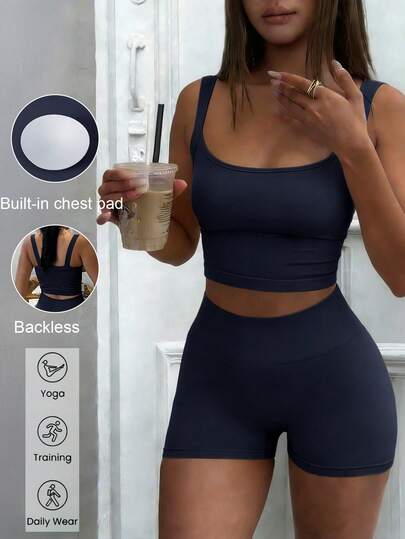 GAOVOT Ensemble de 2 pièces de tenue de sport d'été pour femmes, débardeur à encolure carrée jaune assorti à des shorts taille haute. Convient pour le yoga, l'exercice, le fitness, la course, le pilates, la tenue de gym