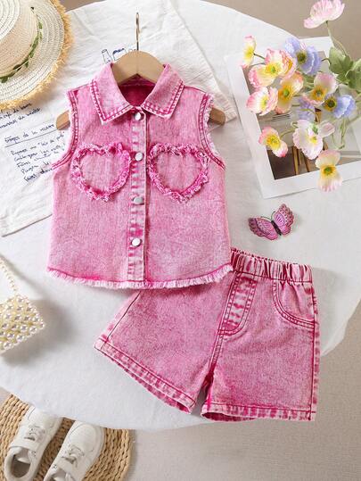 2pcs/Set Toddler Girls' Casual Everyday Dopamine Street Style Cute Heart Pattern Lapel Single-Breasted Denim Vest Top And Distressed Denim Shorts Set, Suitable For Spring/Summer, School, Commute, Birthday Gift
