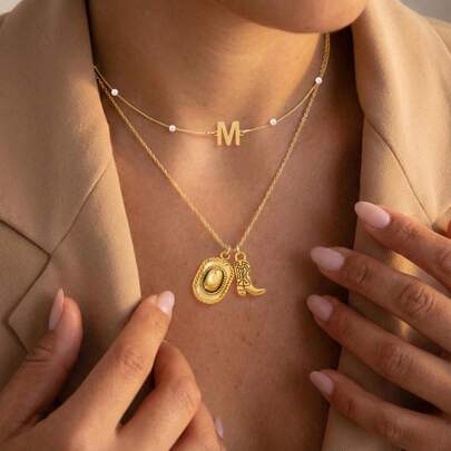 2 piezas/set Nuevos collares de gargantilla con capa de cadena de acero inoxidable dorado con colgante de sombrero y bota de vaquero de estilo clásico occidental para mujeres