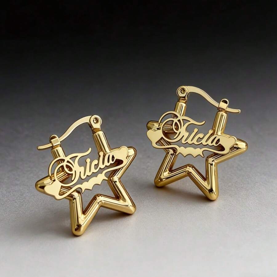 Custom Name Mini Hoop Earrings, Personalized Name Star Earrings For Women, Custom Stainless Steel Earrings,Perfect Gift For Daily Wear Or Any Occasion - Gold - View 1