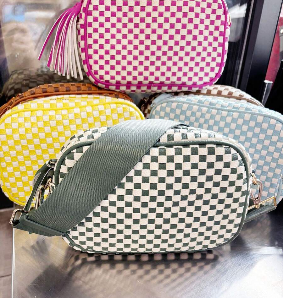 Wide Strap Small Woven Checkered Crossbody Bag For Womenl Cute PU Leather Purses Shoulder Handbags - Màu xanh lá cây nhạt kẻ sọc trắng - Xem 1