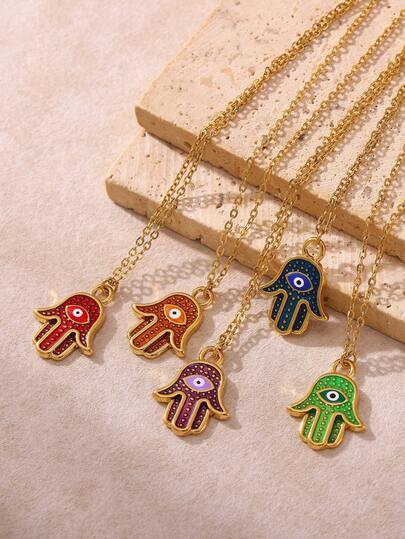 1Pc Vintage Style Hamsa Hand Evil Eye Pendant Necklaces For Women Men, Boho Multicolor Enamel Hand Of Fatima Necklace, 18K Gold Plated Stainless Steel Necklace, Mystic Vintage Lucky Jewelry For Daily Wear, Fashion Accessories For Party, Music Festivals