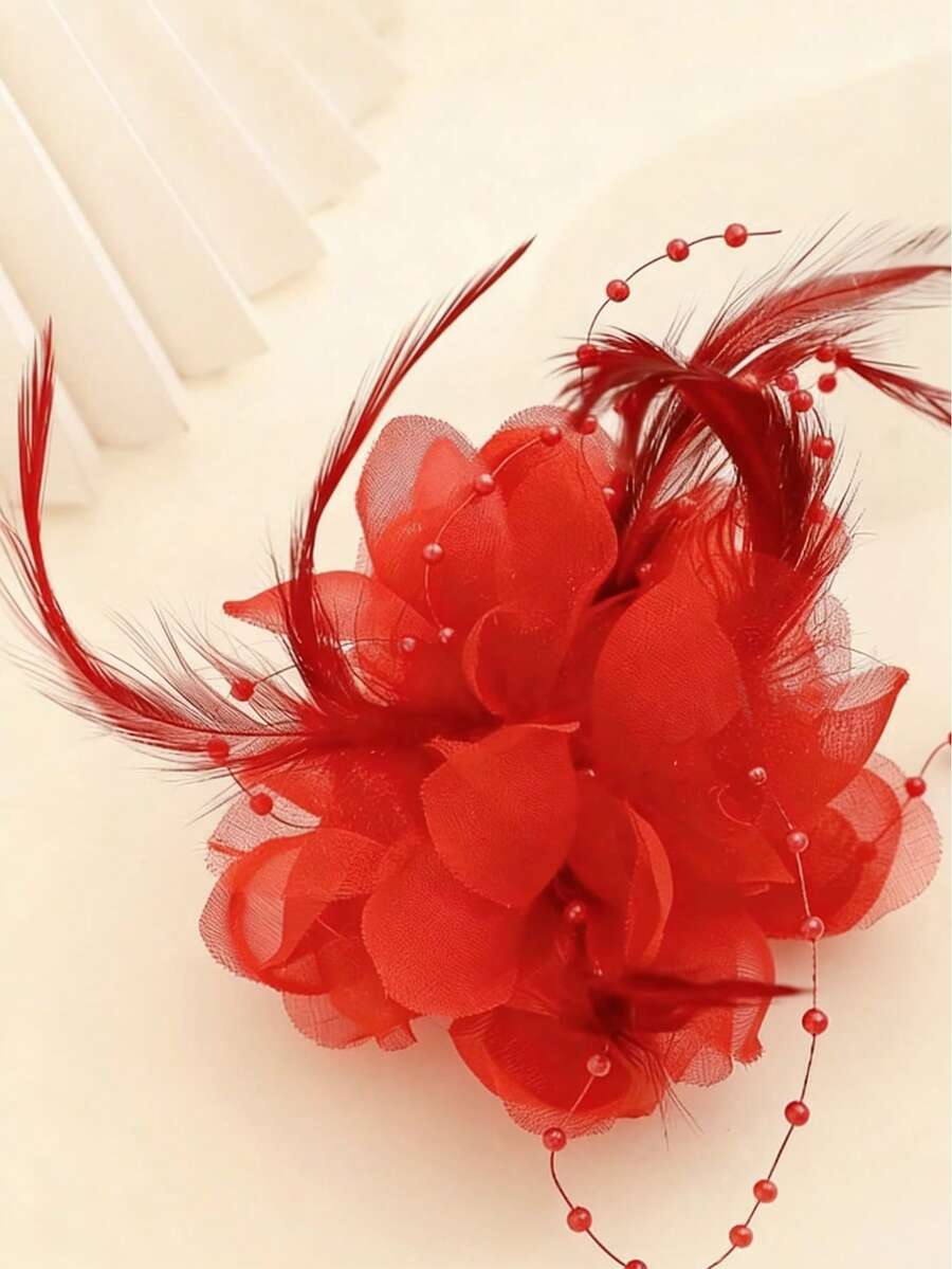 1个花瓣羽毛优雅发夹 - 紅色 - 查看 1