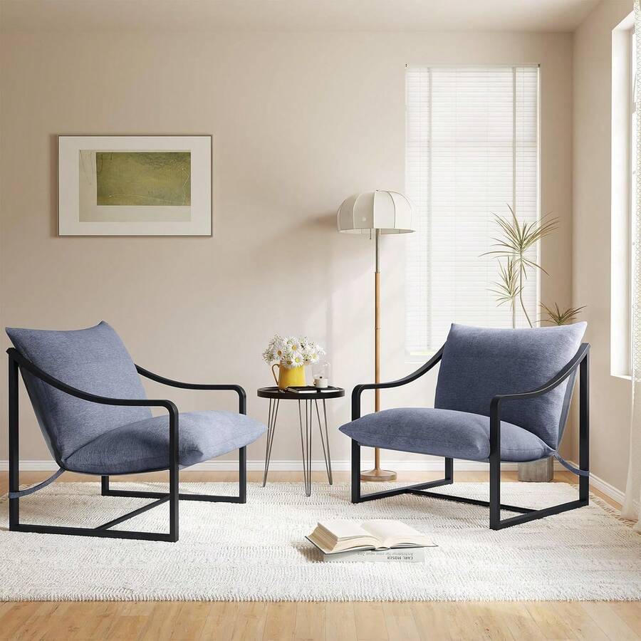 Silla de acento moderno de mediados del siglo con marco de metal resistente y cojín de peluche, cómodo sillón de lectura para sala de estar, estudio, sala de sol o porche, fácil montaje, avena/gris - Gris - Ver 1