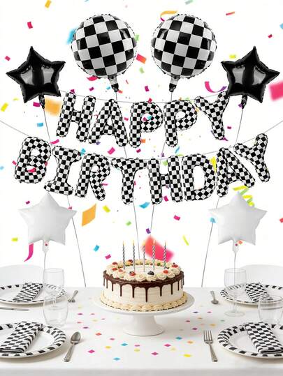 1set Racing Cars Themed Happy Birthday Banner Party Decorations Set With Racing Cars Balloons, Themed Party Essentials, Checkered Backdrop Supplies For Boys Indoor Outdoor Celebration(White+Black)