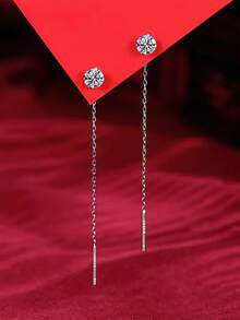 1 Pair S925 Sterling Silver Minimalist Zirconia Tassel Earrings, Delicate Versatile Everyday Wear Earrings For Women - Round - View 8