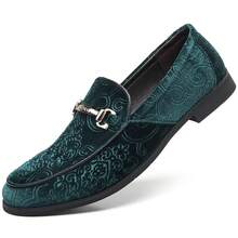 Men's Velvet Penny Loafers Luxury Vintage Jacquard Pattern Classic Gold Buckle Party Prom Dress Shoes - màu xanh lá - Xem 2