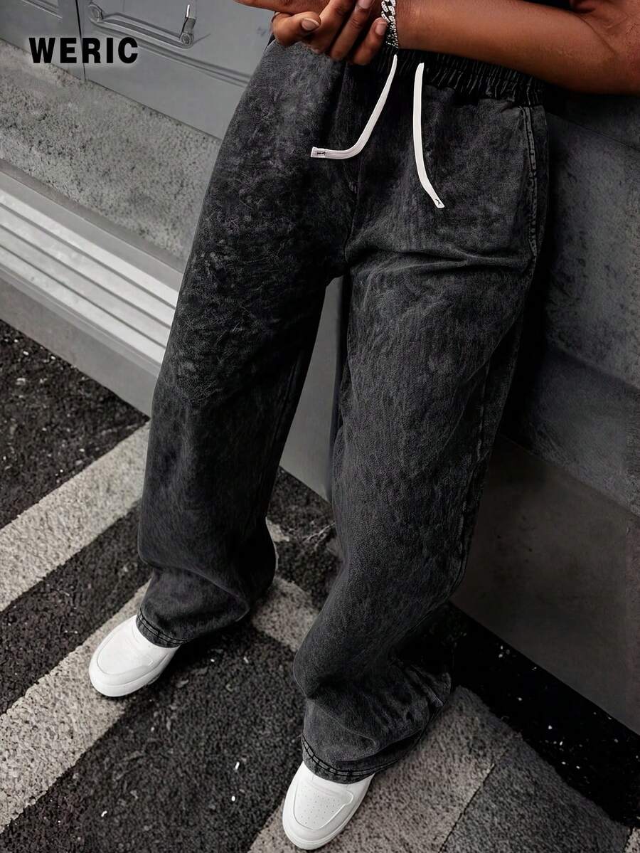 男士秋季水洗黑色休闲裤，宽松直筒裤型，抽绳口袋，百搭休闲裤，适合日常休闲穿着，可作为礼物送给男朋友 - 黑色 - 查看 1