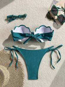 Bộ bikini cúp ngực hình vỏ sò thanh lịch - Hai mảnh màu xanh lá cây đậm gợi cảm với quần lót tam giác | Lý tưởng cho kỳ nghỉ biển, tiệc bể bơi và du lịch nhiệt đới mùa hè - màu xanh lá - Xem 2