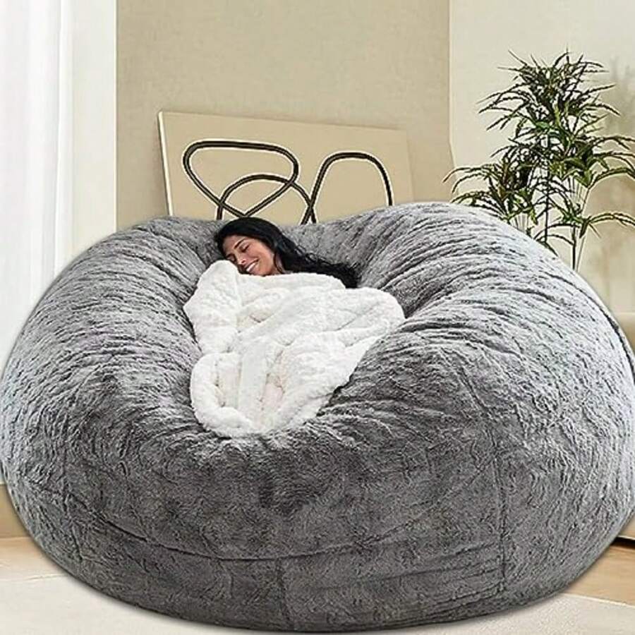 Bean Bag Chair For Adults Without Filling Comfy Fluffy Giant Round Beanbag Lazy Sofa Cover For Reading Chair Floor Chair 6FT Grey - 灰色 - 查看 1