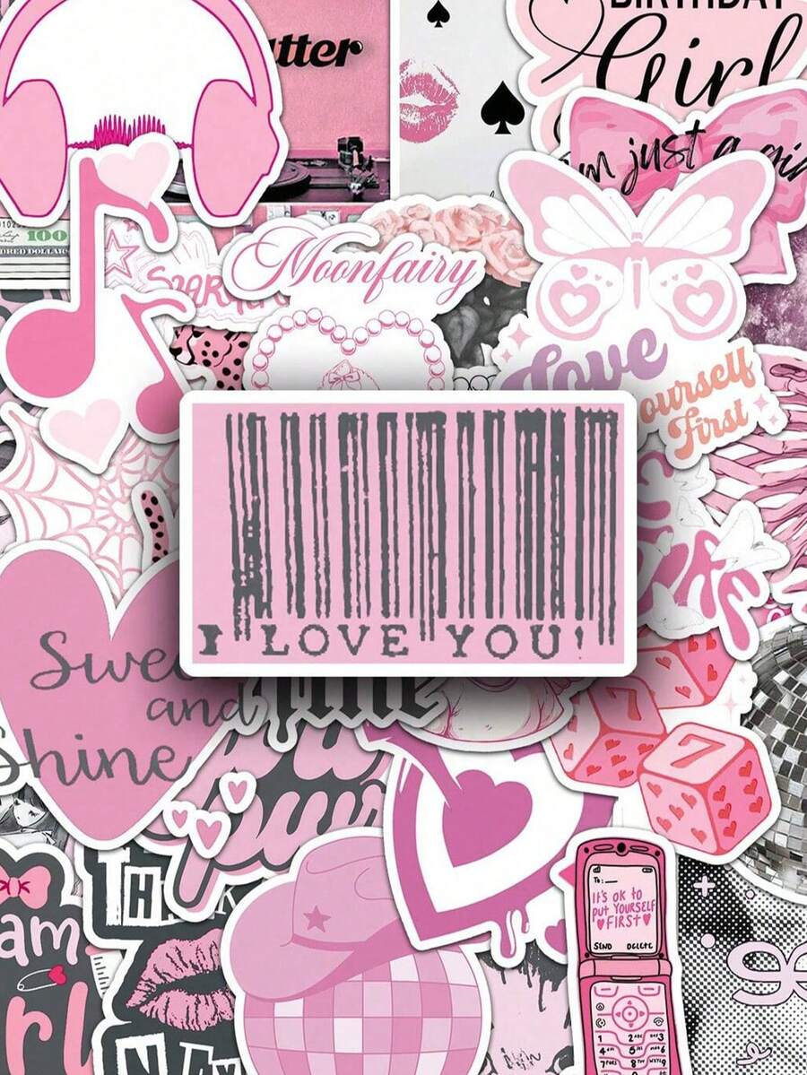 50 Stück rosa koreanische Wellen Y2K Stil Aufkleber, süße ästhetische Aufkleber, Pop-Kultur Aufkleber, wasserfeste und strapazierfähige Aufkleber für Notizbuch, Laptop, Skateboard, Wasserflasche, ästhetische Schreibwaren