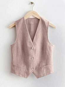 女士休闲亚麻短款背心外套，适合春夏穿着，度假必备粉色 - 粉色 - 查看 3