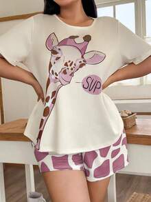 Plus Size Women's Casual Lightweight Pajama Set, Comfortable Round Neck Cartoon Giraffe Print Short Sleeve Top And Shorts, Cozy & Cute Home Wear - Multicolor - View 5